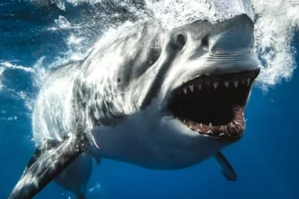 A daring photographer captures mesmerizing footage of a great white shark up close, revealing its razor-toothed jaws and battle scars in stunning detail.